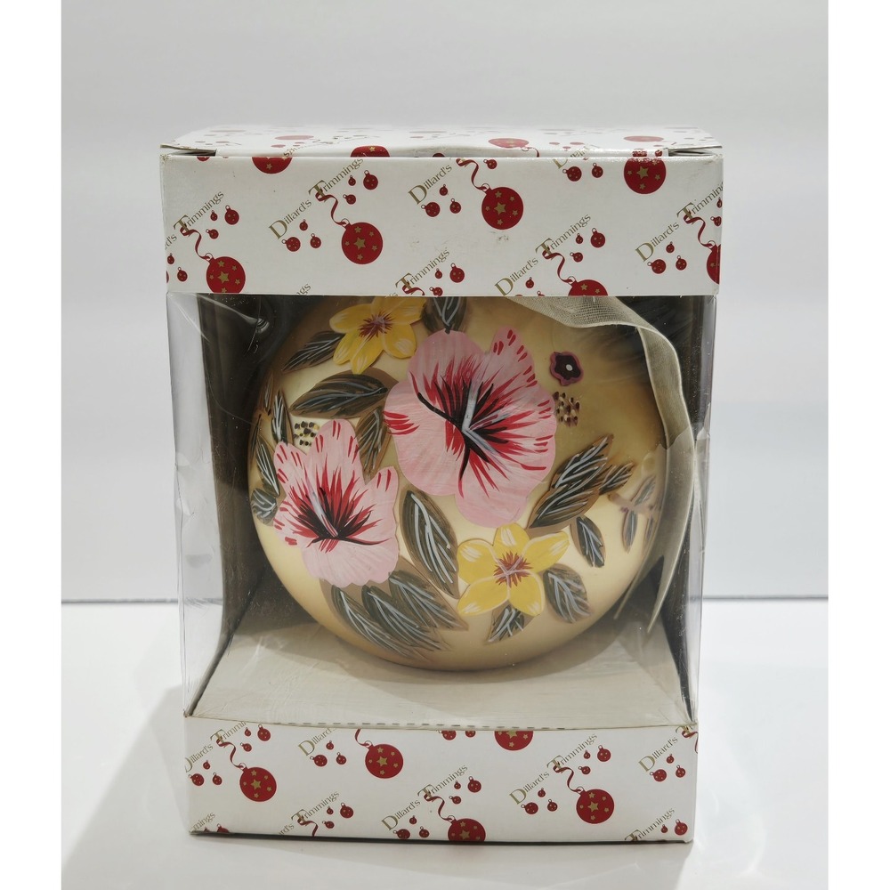 Dillard's Trimmings Hibiscus Floral Hand Painted Glass Christmas Ball Ornament